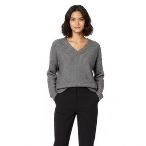 Theory Cotton Wool Blend V-Neck Knit Sweater Grey Black Medium⁠